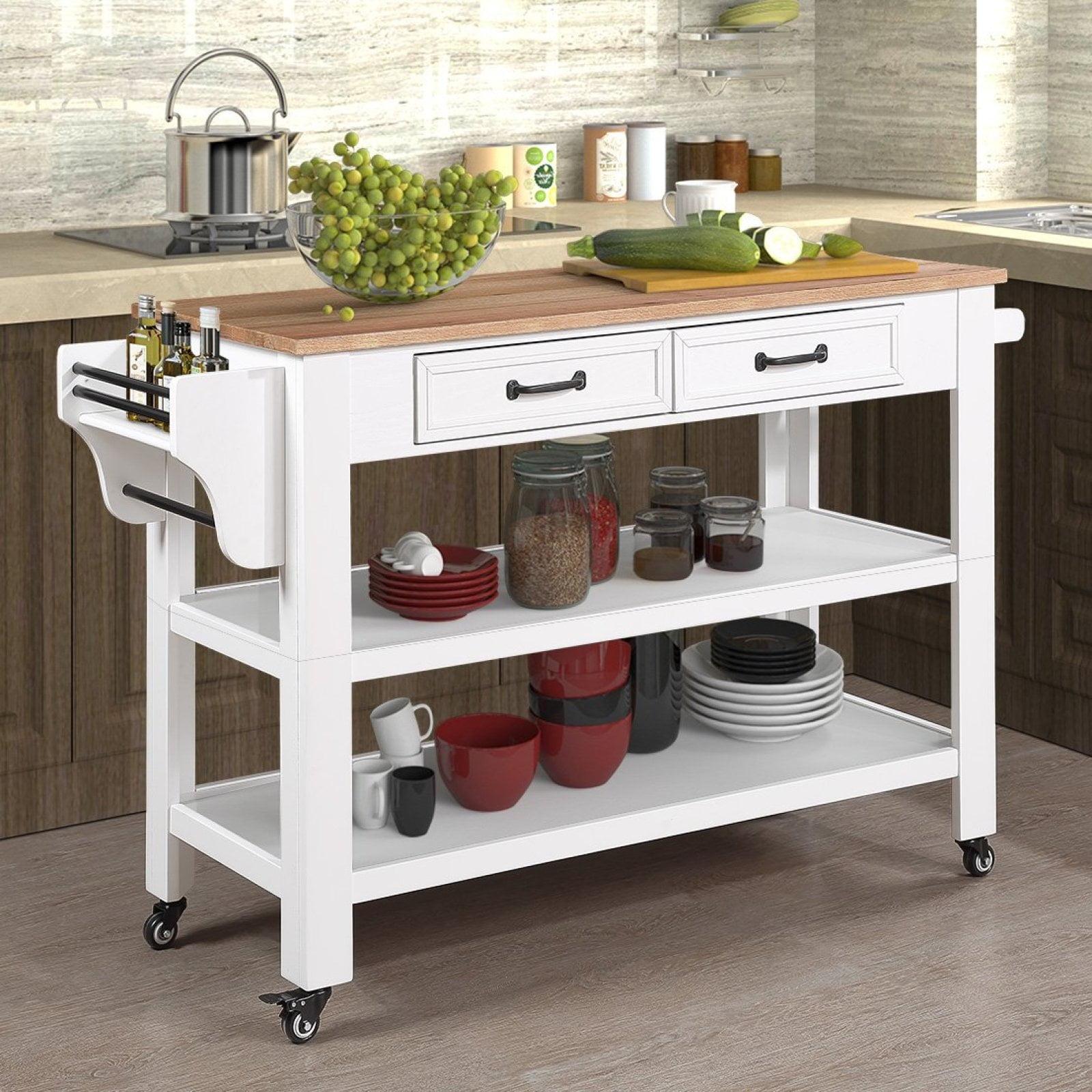 57'' White Rolling Kitchen Cart with Oak Top and Spice Rack