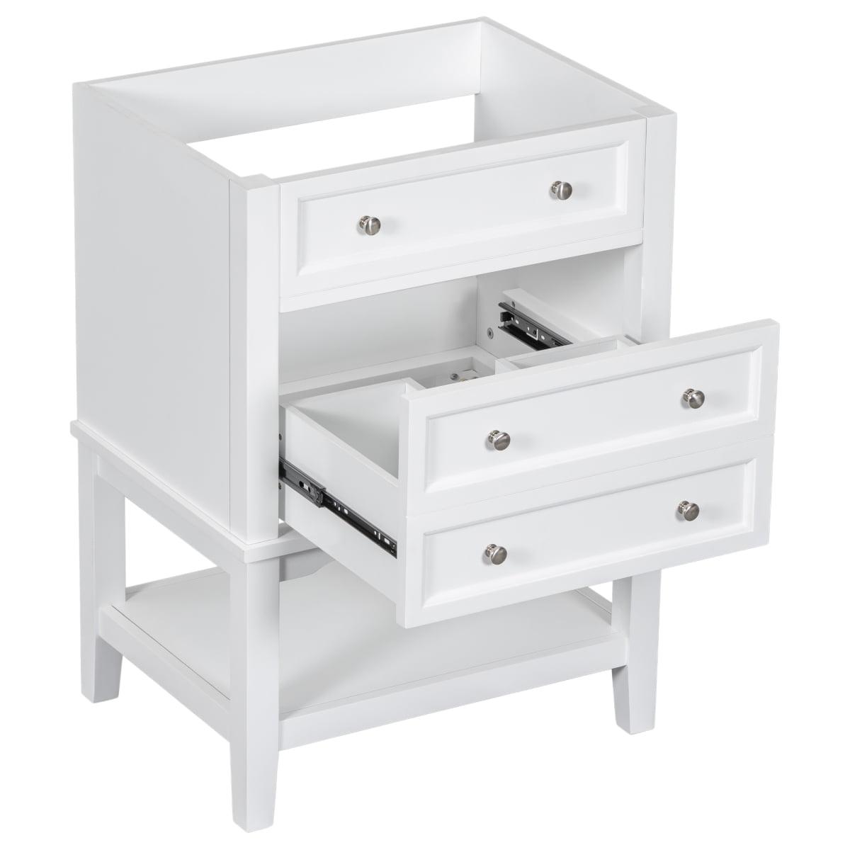 24” Bathroom Vanity Without Sink  Base Only  Solid Wood Frame  Bathroom Storage Cabinet with Drawer and Open Shelf  White