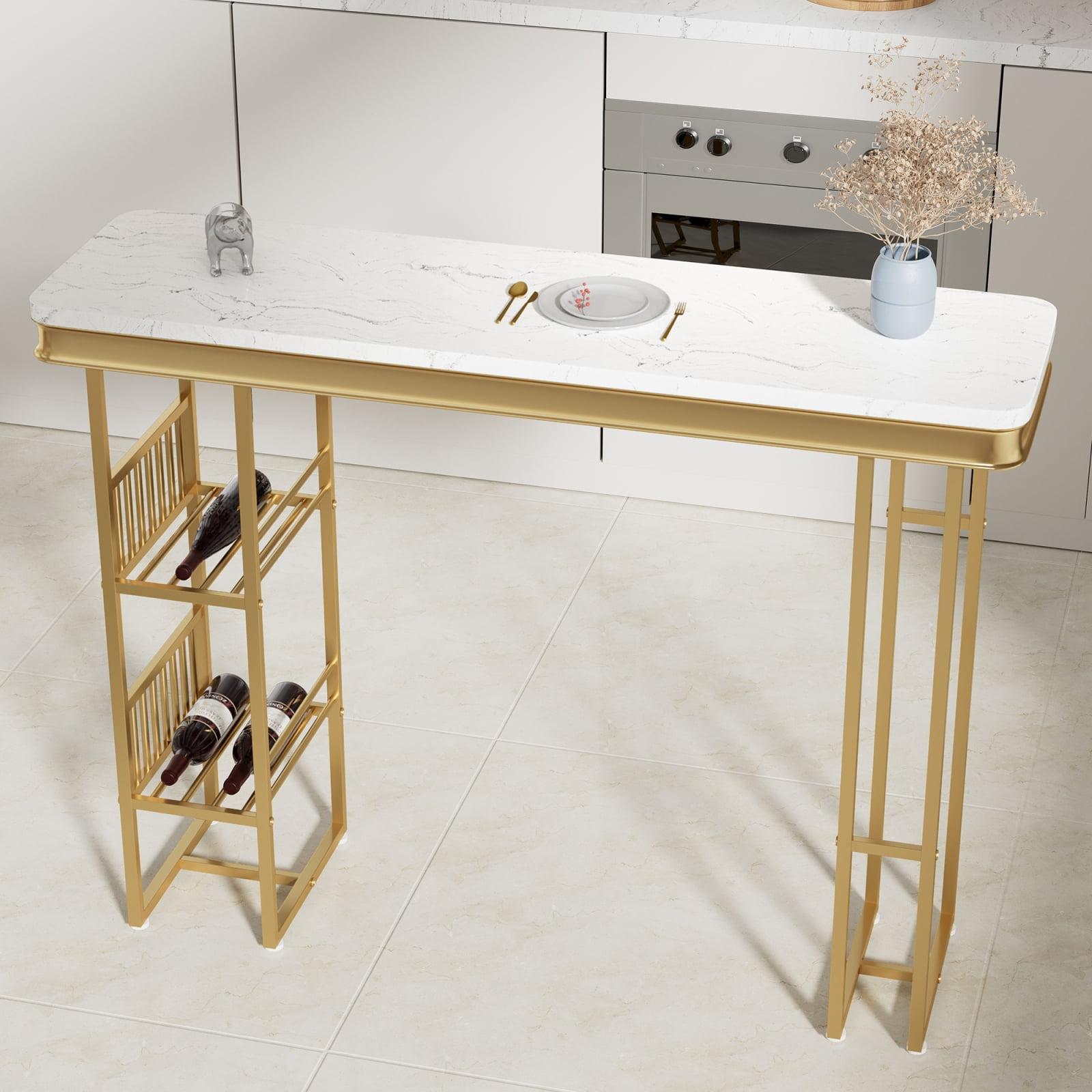 55.1" White and Gold Modern Bar Table with Shelves