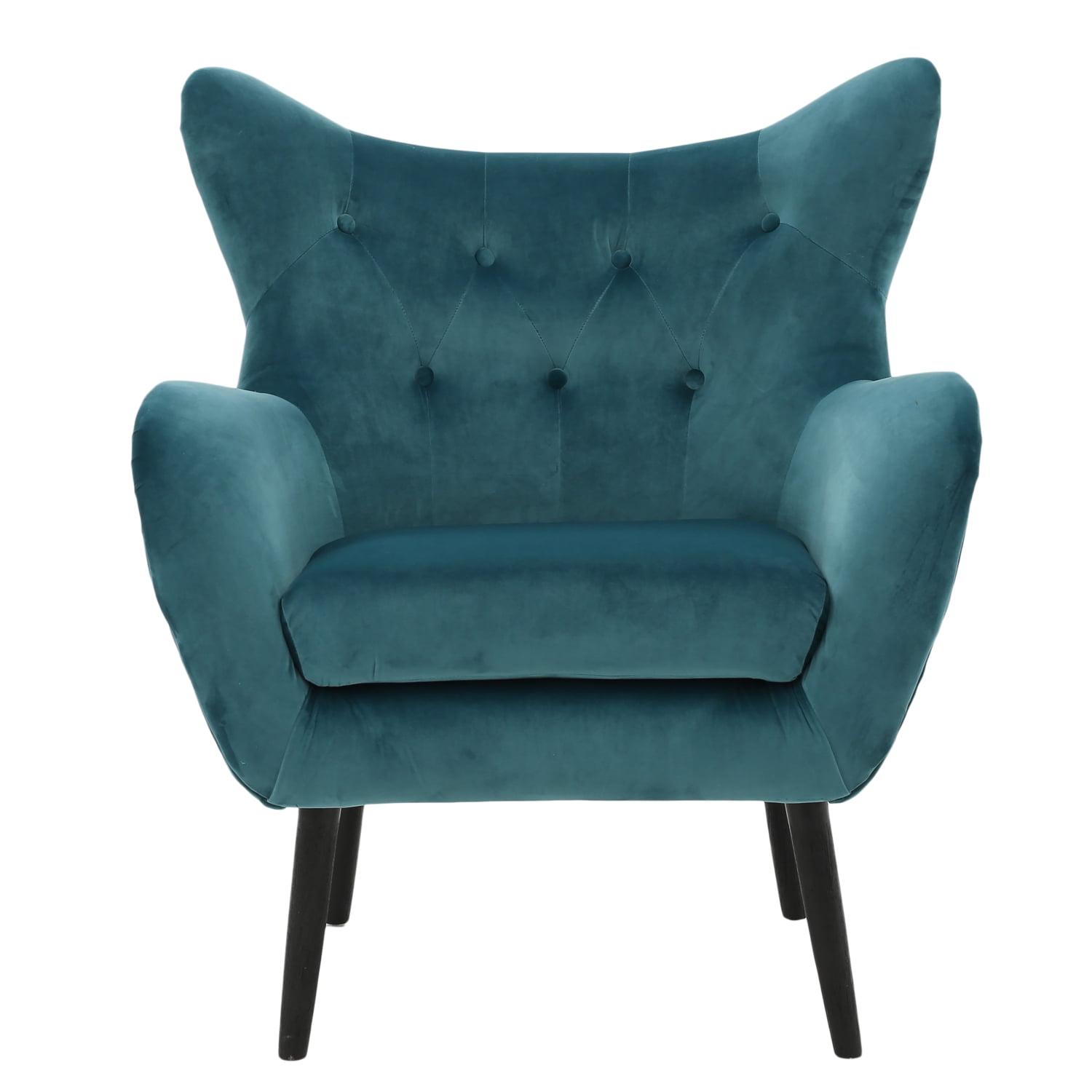 Teal Velvet and Wood Tufted Arm Chair