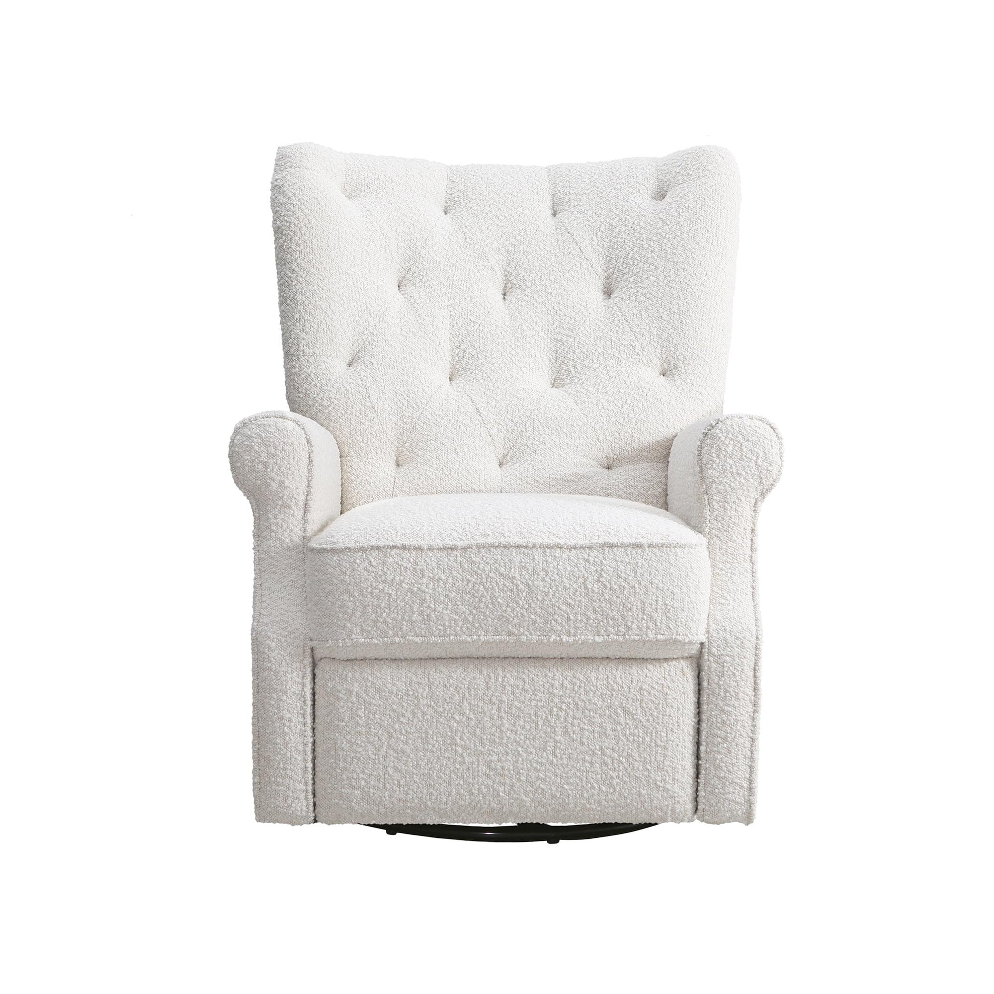 White Velvet Wingback Swivel Recliner with Wood Frame