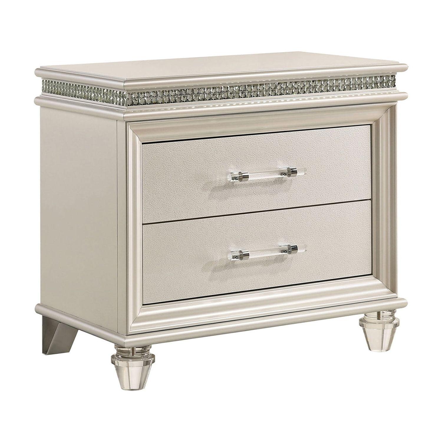 Miekor Furniture Crystal and Mirror Accents Nightstand with 2 Drawers, Pearl White 1600