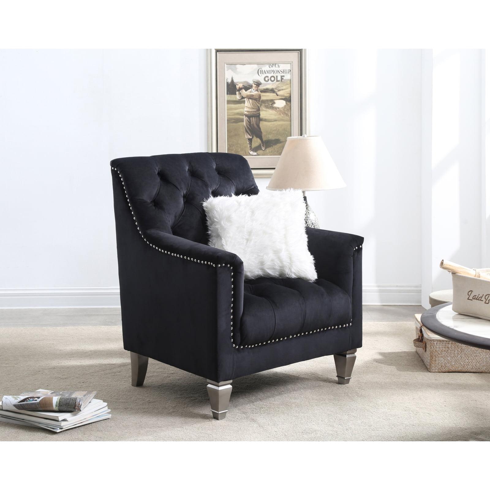 Dania Black Velvet Tufted Living Room Chair with Wood Legs