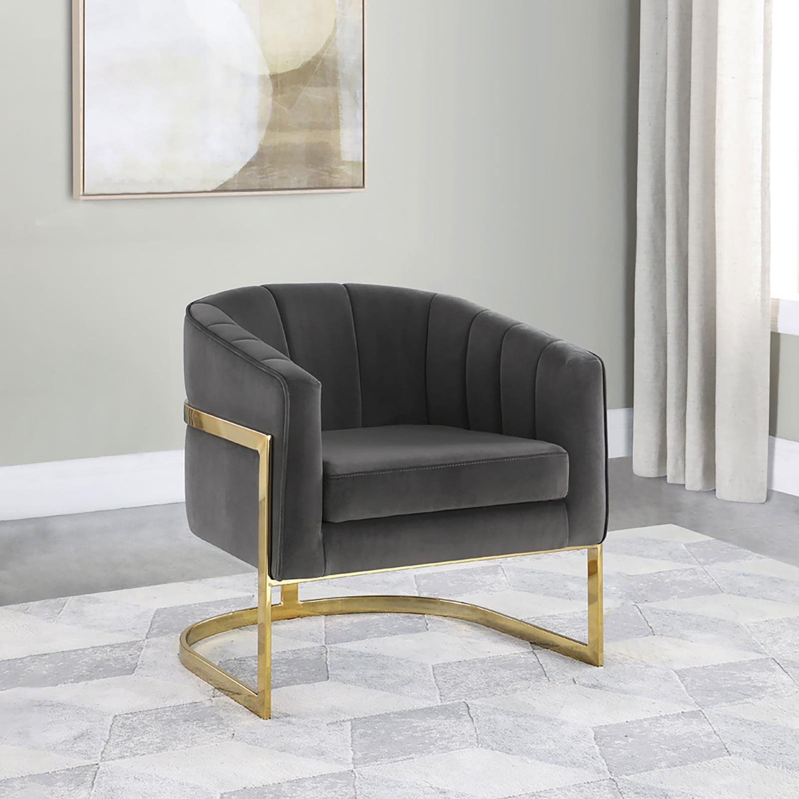 Transitional Tufted Gray Velvet Barrel Accent Chair with Gold Metal Base