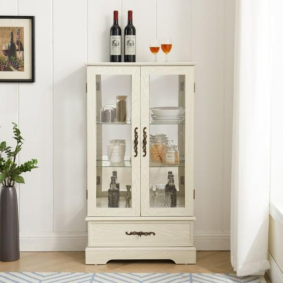 TIRAMISUBEST Glass Cabinet Lighted Glass Cabinet Curio Display Cabinet with Adjustable Glass Shelves 2 Doors and 1 drawer Cabinet Bulb