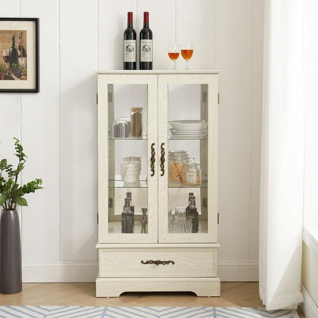 TIRAMISUBEST Glass Cabinet Lighted Glass Cabinet Curio Display Cabinet with Adjustable Glass Shelves 2 Doors and 1 drawer Cabinet Bulb