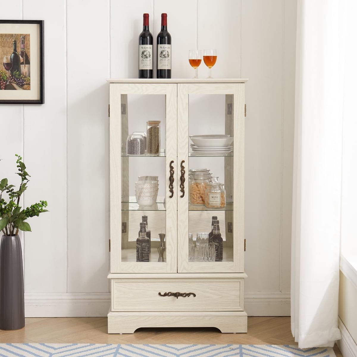 TIRAMISUBEST Glass Cabinet Lighted Glass Cabinet Curio Display Cabinet with Adjustable Glass Shelves 2 Doors and 1 drawer Cabinet Bulb