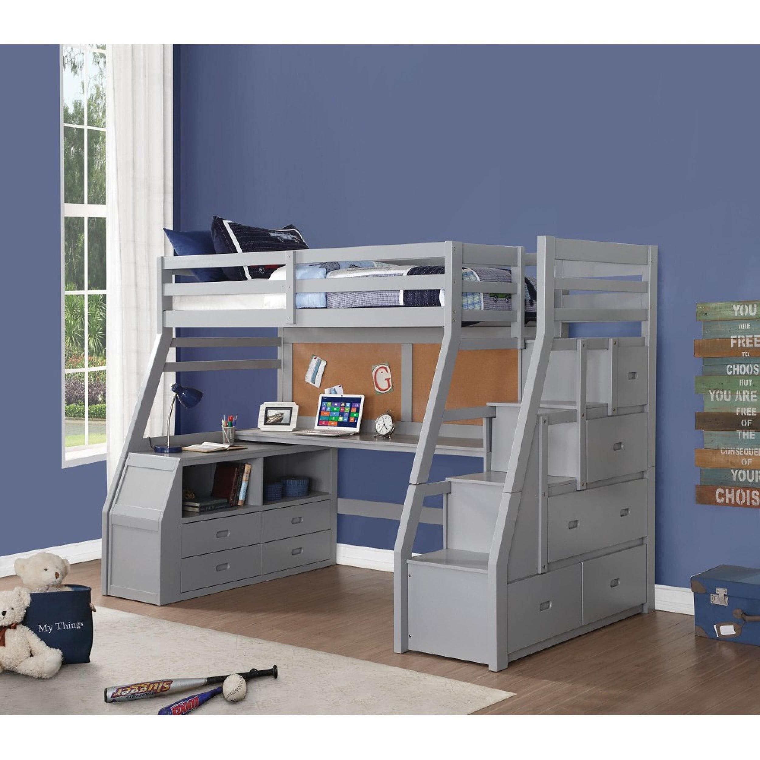 Gray Twin Loft Bed with Storage and Desk