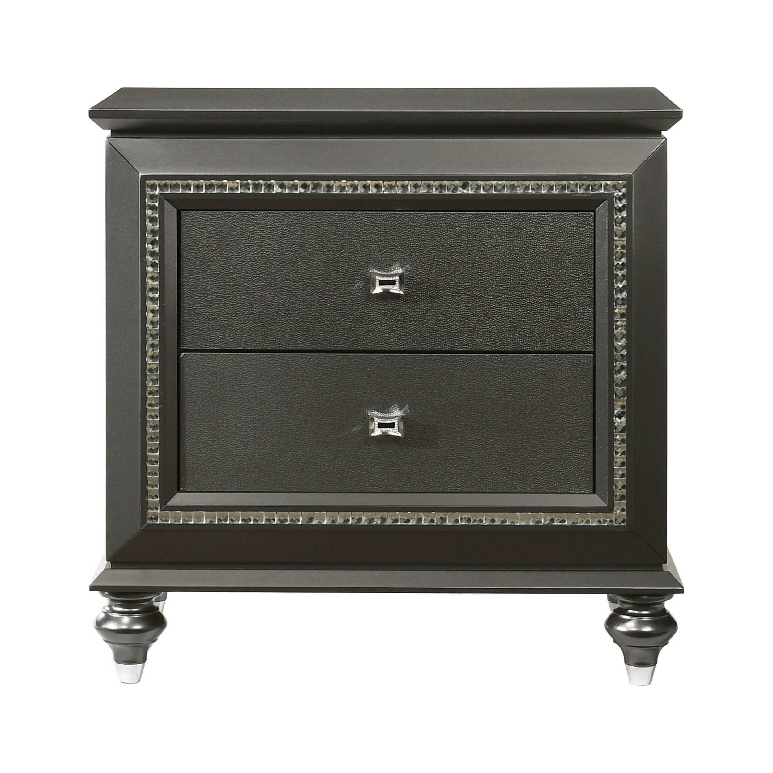 Kaitlyn Metallic Gray Wooden 2-Drawer Nightstand with Crystal Accents