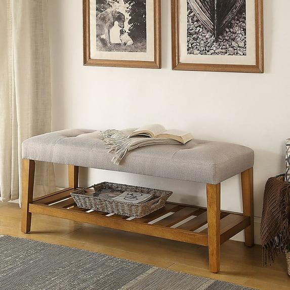 DUOSONG Light Grey And Oak Tufted Padded Seat Bench LIGHT GREY Wood+Fabric Furniture Bedroom Furniture Benches & Stools