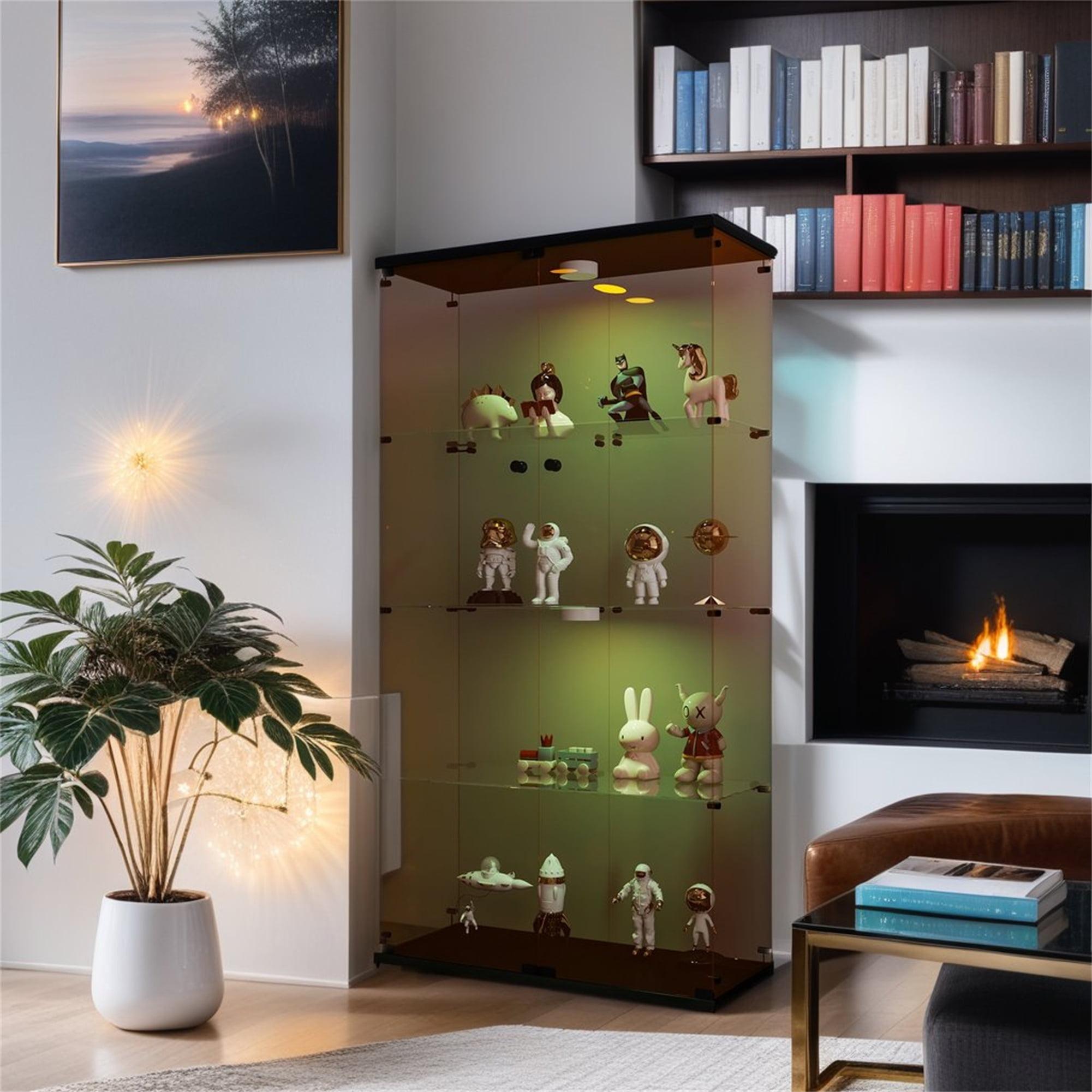 Miekor Furniture Lighted Two Door Glass Cabinet Glass Display Cabinet With 4 Shelves, Brown 00008