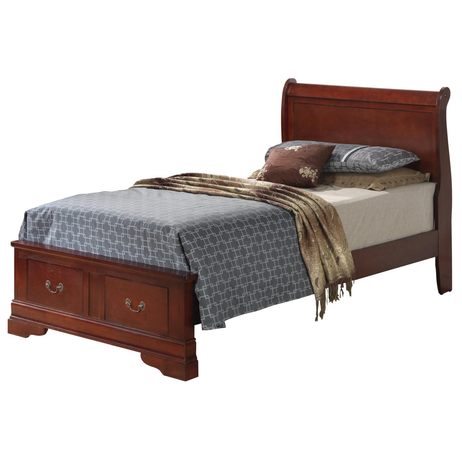 Cherry Twin Wood Sleigh Storage Bed with Upholstered Headboard