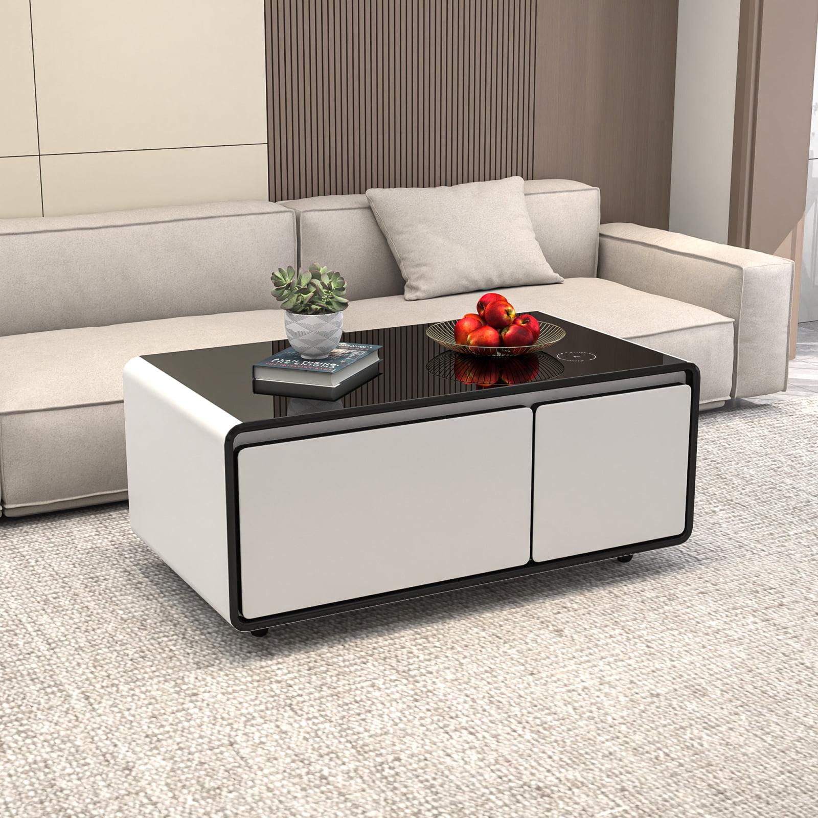 White and Black Smart Coffee Table with Built-in Fridge and Charging