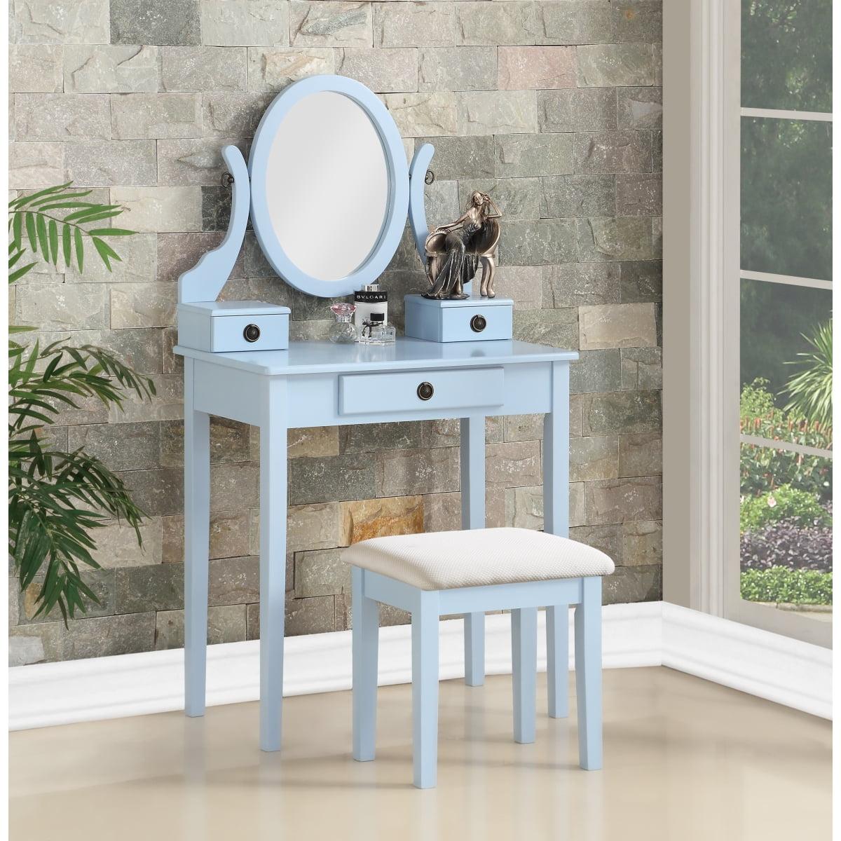 Roundhill Furniture Moniys Wood Makeup Vanity Table and Stool Set in Blue