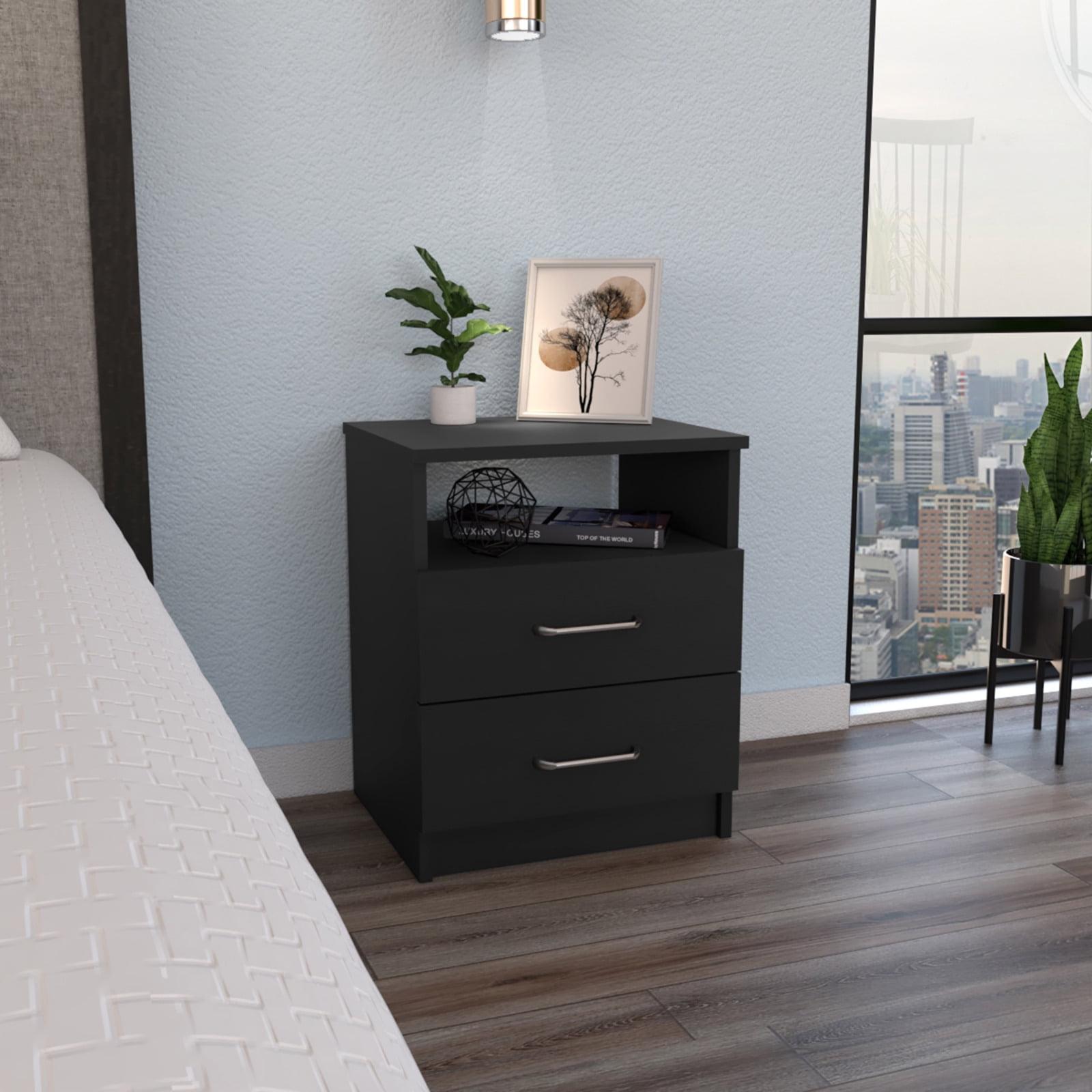 Modern Matte Black 2-Drawer Nightstand with Steel Accents