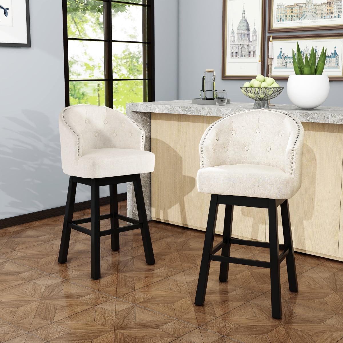 2 Sets of Beige Fabric Upholstered Swivel Bar Stools