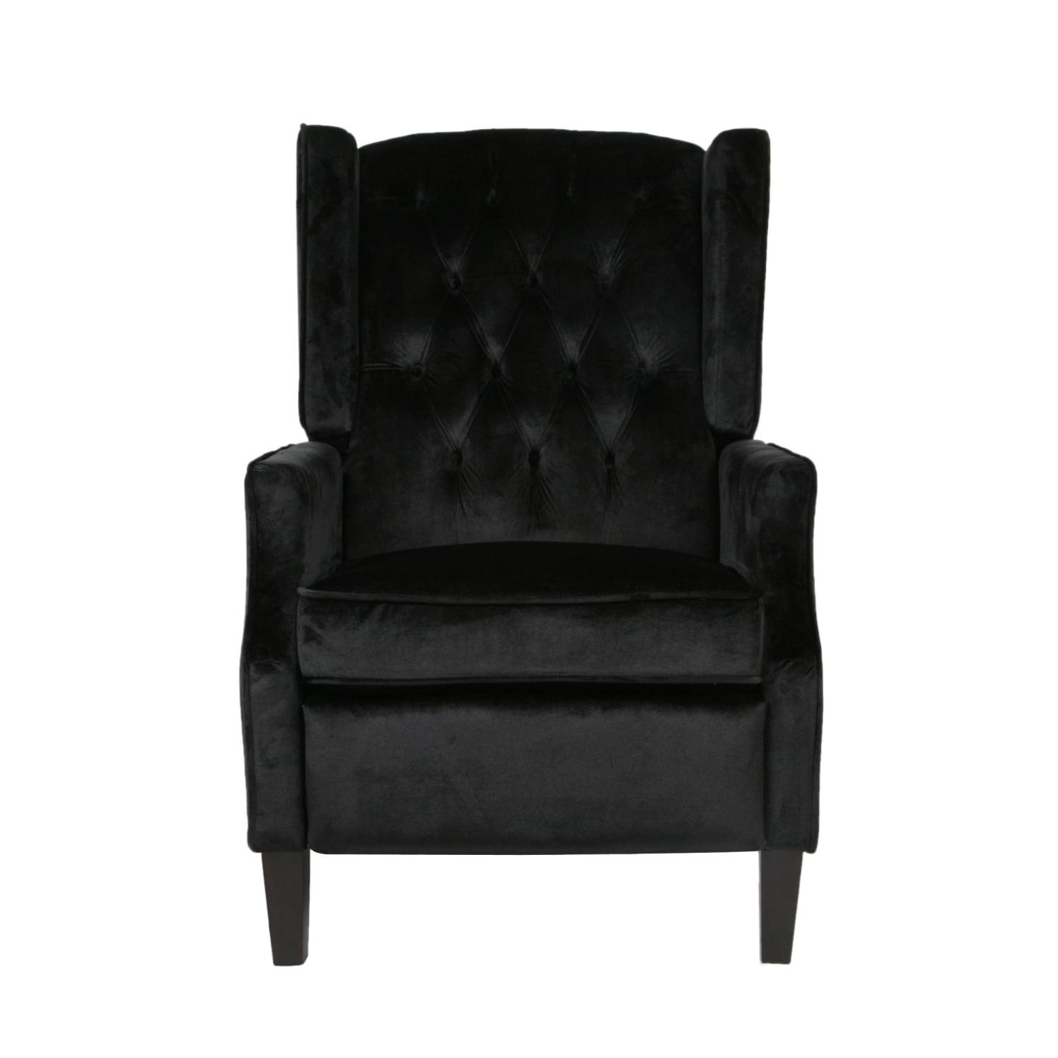 Handcrafted Black Velvet Wingback Recliner with Wood Legs