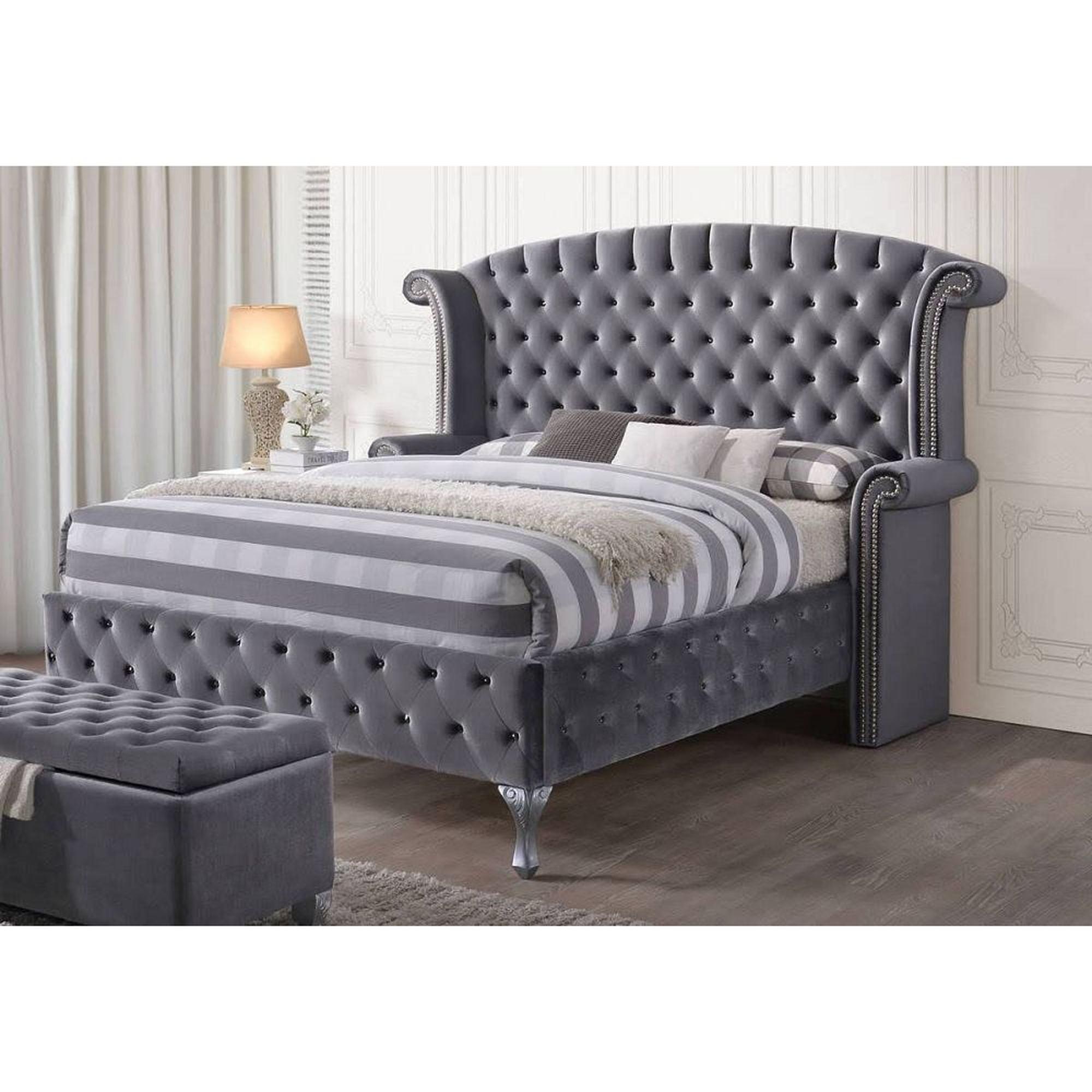 Elegant Gray Queen Upholstered Platform Bed with Storage and Nailhead Trim