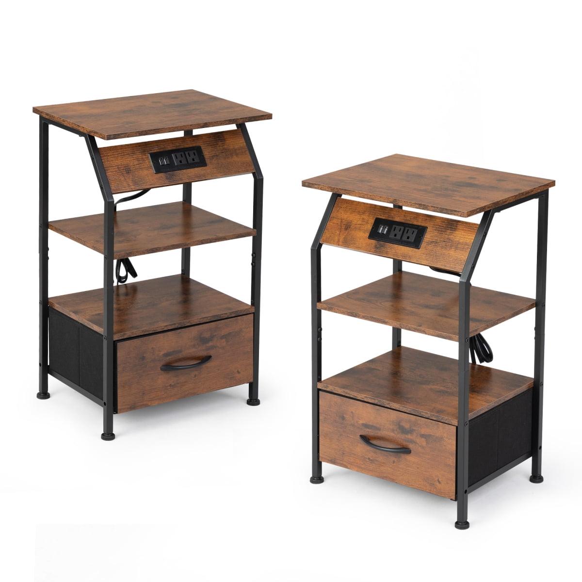 Rustic Brown MDF and Iron Nightstands with USB Charging Station