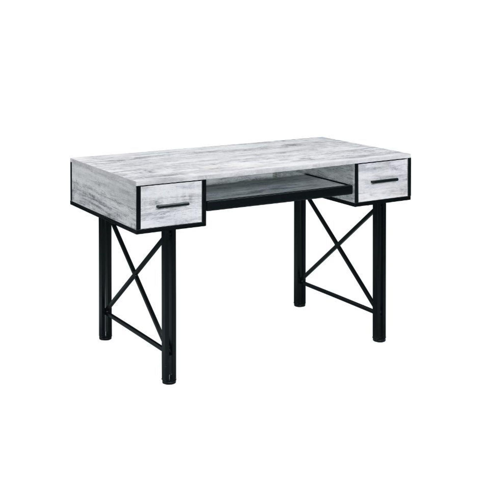 Settea Writing Desk Weathered White/Black - Acme Furniture: Metal Frame, Keyboard Tray, PC Stand