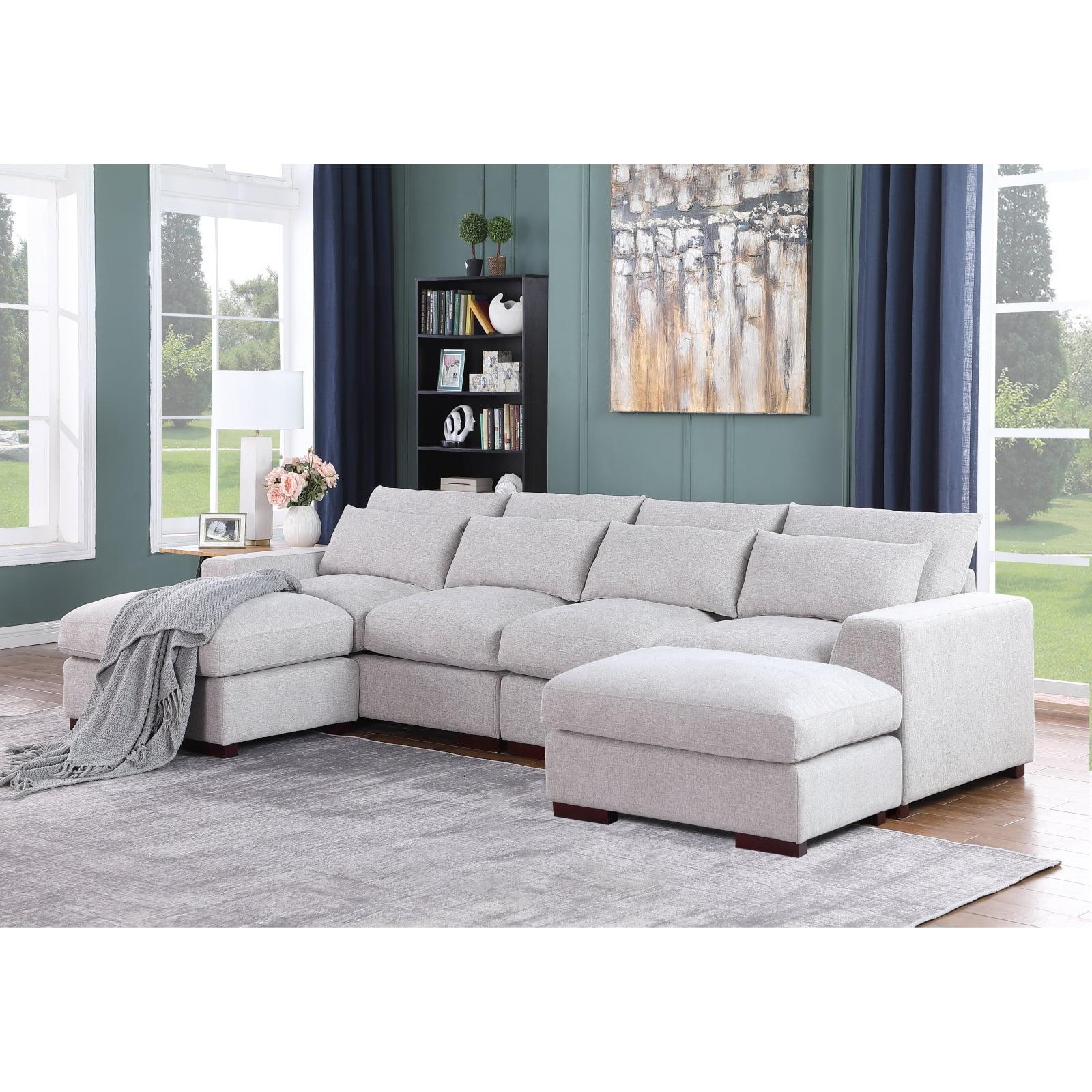 Light Gray Linen-Blend Modular Sectional Sofa with Ottoman