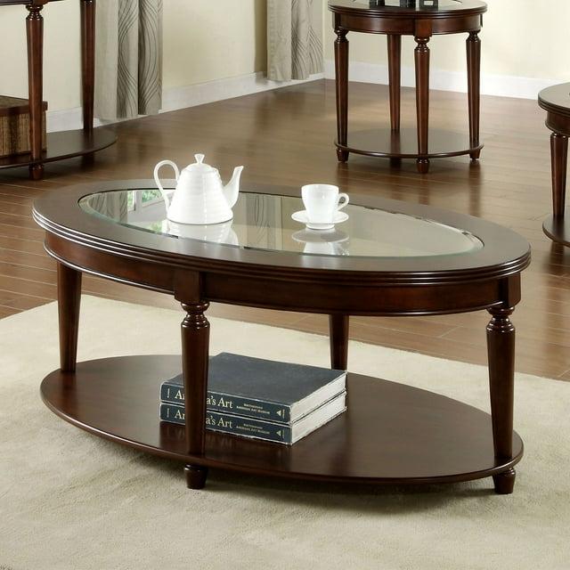 Miekor Furniture Transitional 1Pc Coffee Table Dark Cherry Open Bottom Shelf Beveled Glass Top Turned Legs Living Room Furniture 44698