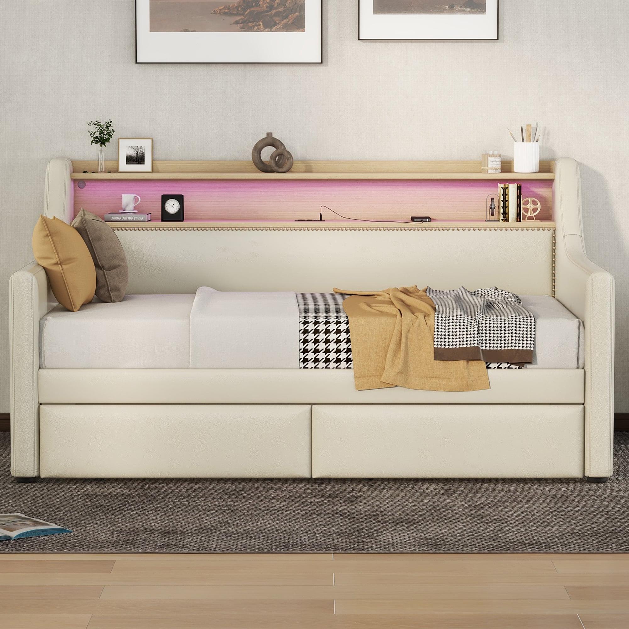 Miekor Muebles Sofá Cama Twin con Cajones de Almacenamiento, Sofá Cama Tapizado con Estación de Carga y Luces Led, Beige (Artículo Antiguo W1580S00022) 00033