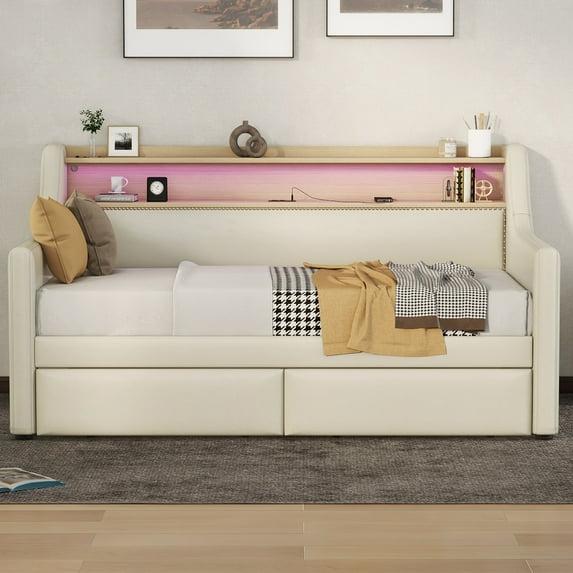 Miekor Muebles Sofá Cama Twin con Cajones de Almacenamiento, Sofá Cama Tapizado con Estación de Carga y Luces Led, Beige (Artículo Antiguo W1580S00022) 00033