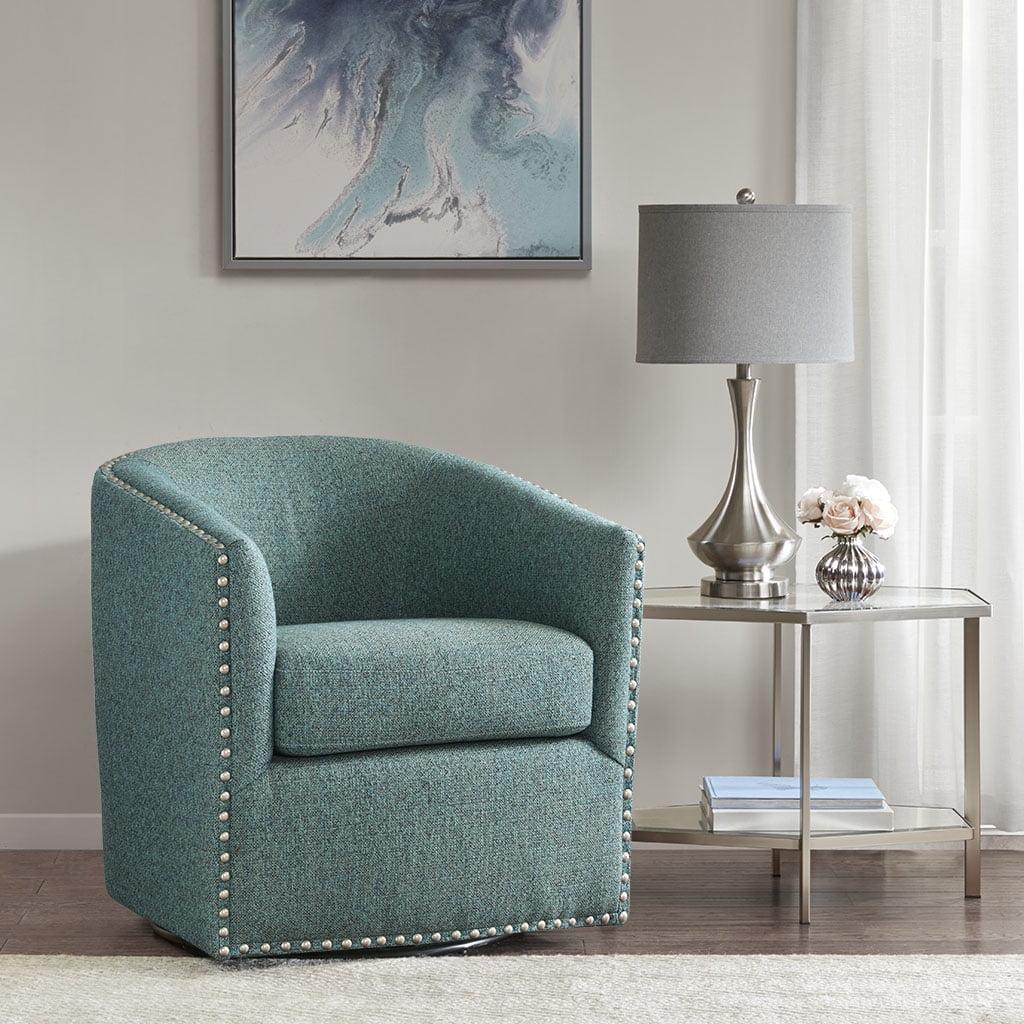 Teal Polyester Swivel Barrel Chair with Nailhead Trim