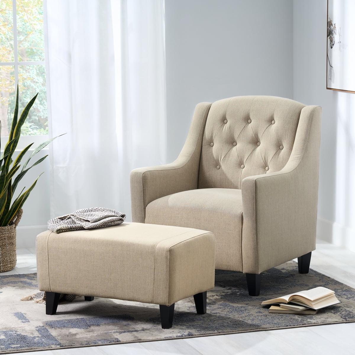 Beige Upholstered Armchair with Ottoman