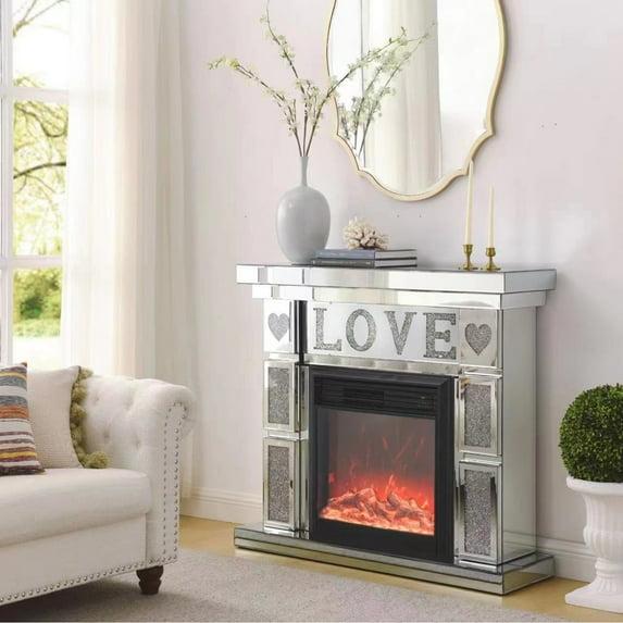 Silver Acrylic Diamond Mirror Fireplace Cabinet with LED Flames