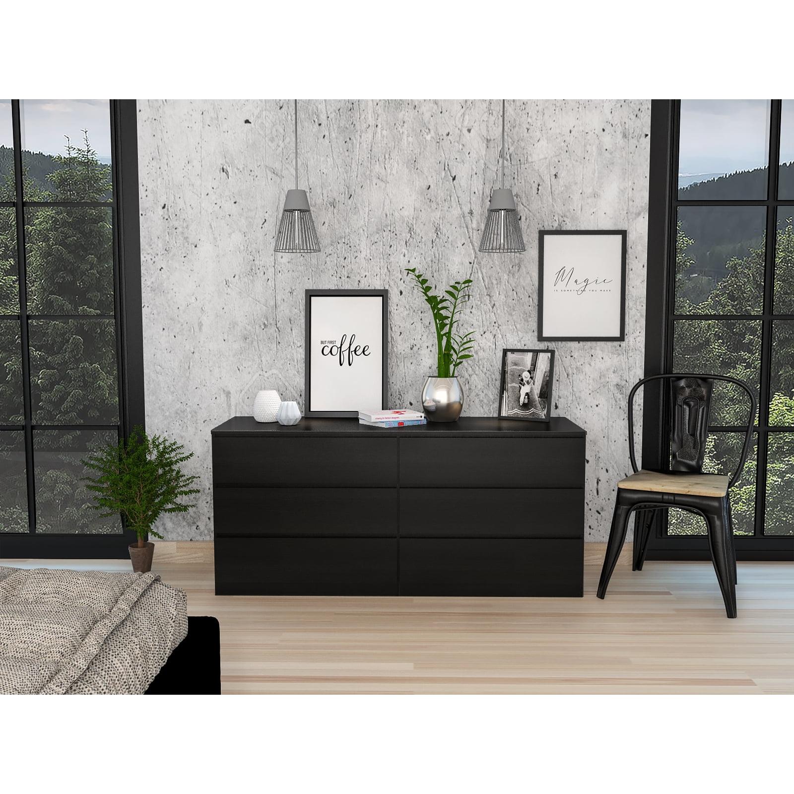 Elegant Black Double Dresser with 6 Spacious Drawers and Laminated Finish