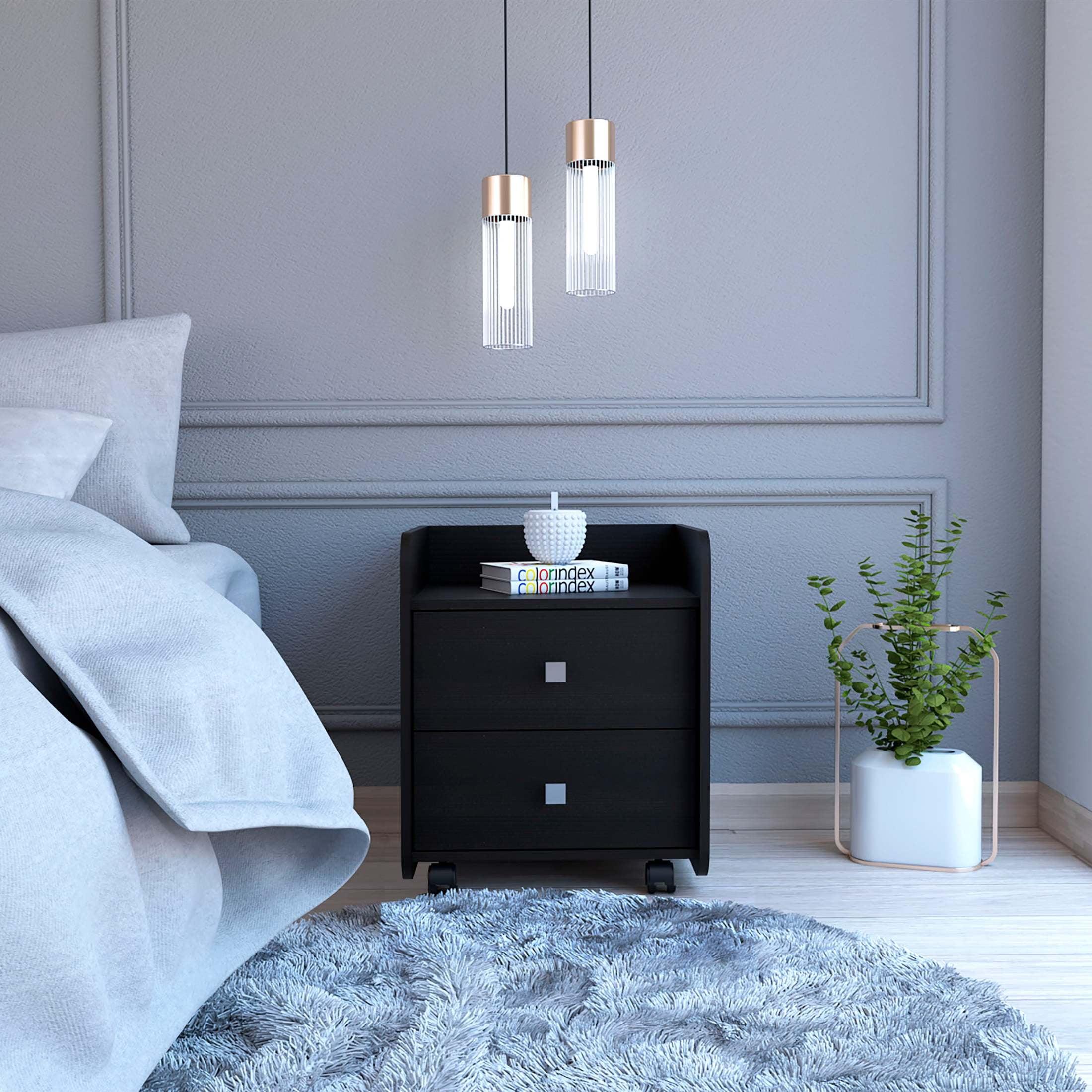 Black Two-Drawer Nightstand with Casters