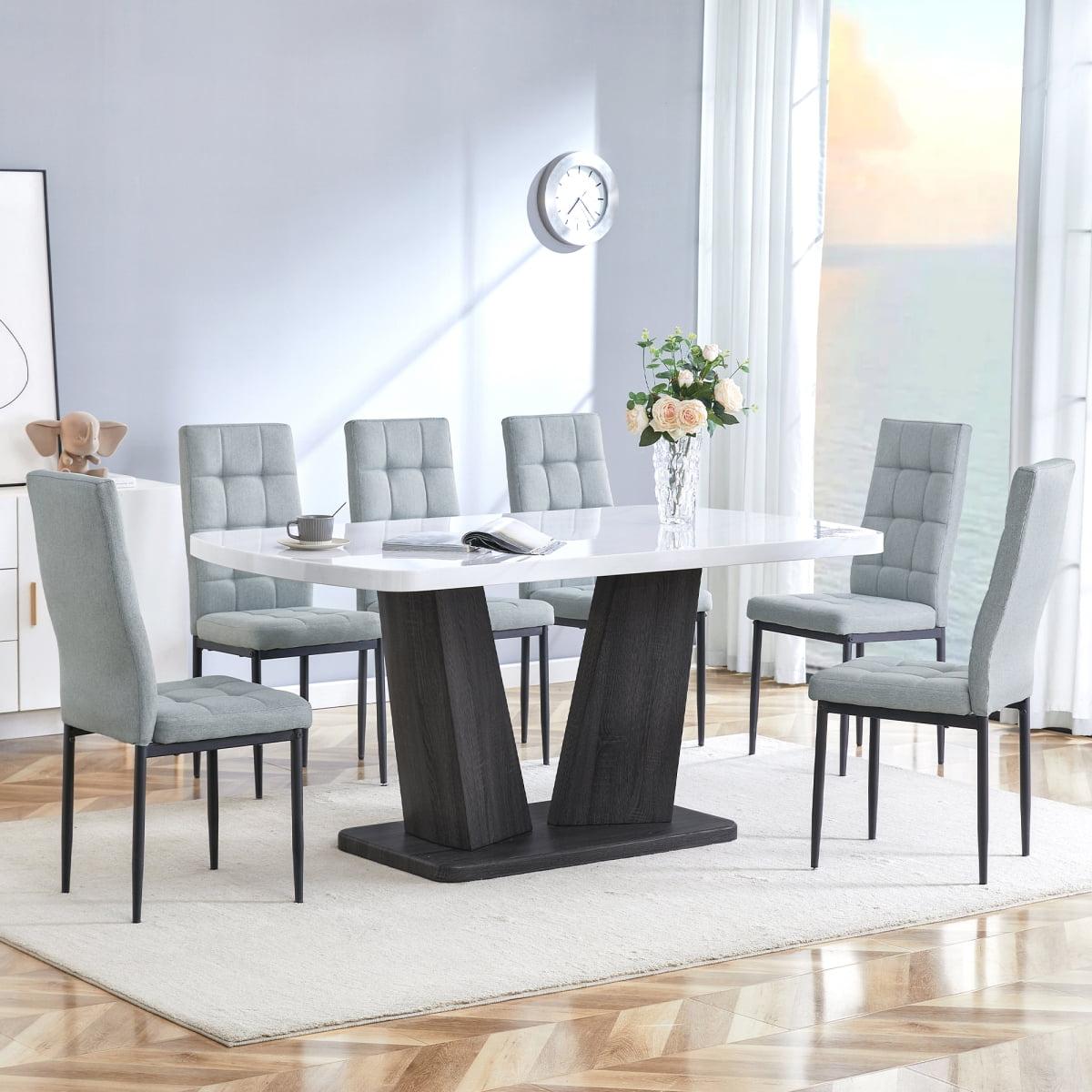 White Faux Marble Dining Table Set with 6 Gray Upholstered Chairs