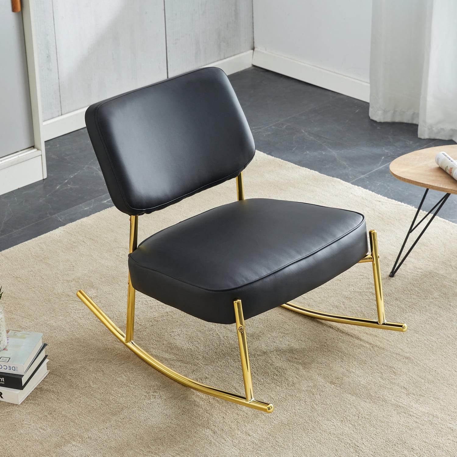 PU Material Cushioned Rocking Chair, Unique Rocking Chair, Cushioned Seat, Black Backrest Rocking Chair and Gold Metal Legs. Comfortable Side Chairs In The Living Room, Bedroom and office