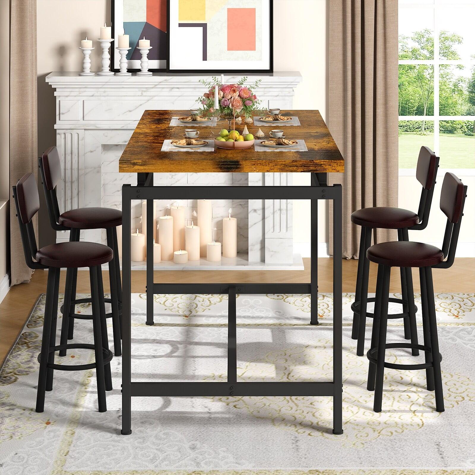 Rustic Brown Counter Height Dining Table Set with 4 Faux Leather Bar Chairs