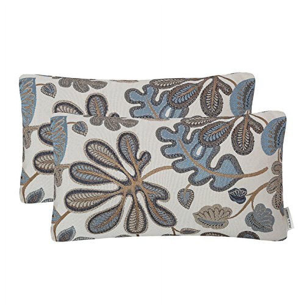 Blue Cream Jacquard Tropical Leaf Rectangular Throw Pillow Covers 12x20 Inches