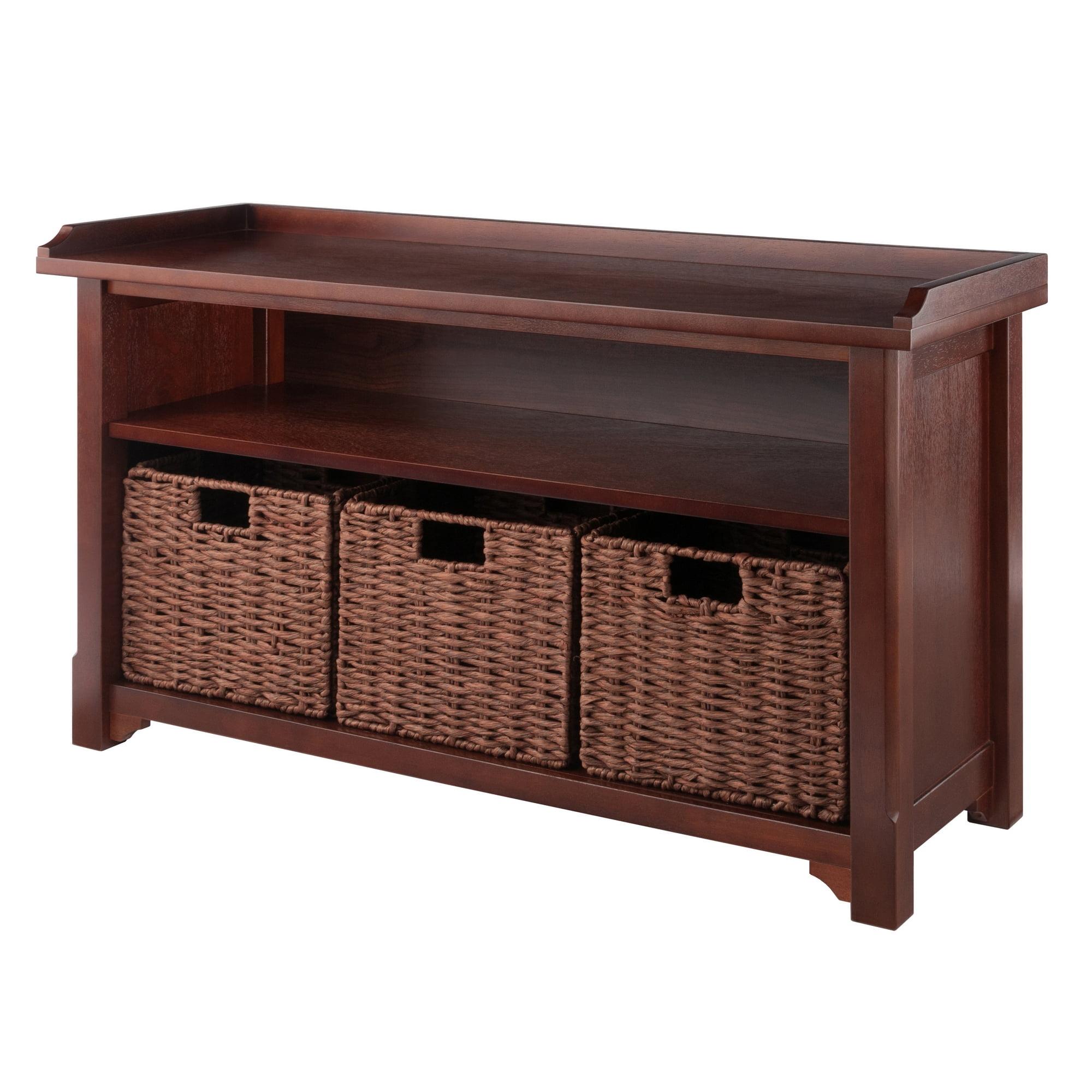 Walnut Wood Storage Bench with Woven Baskets