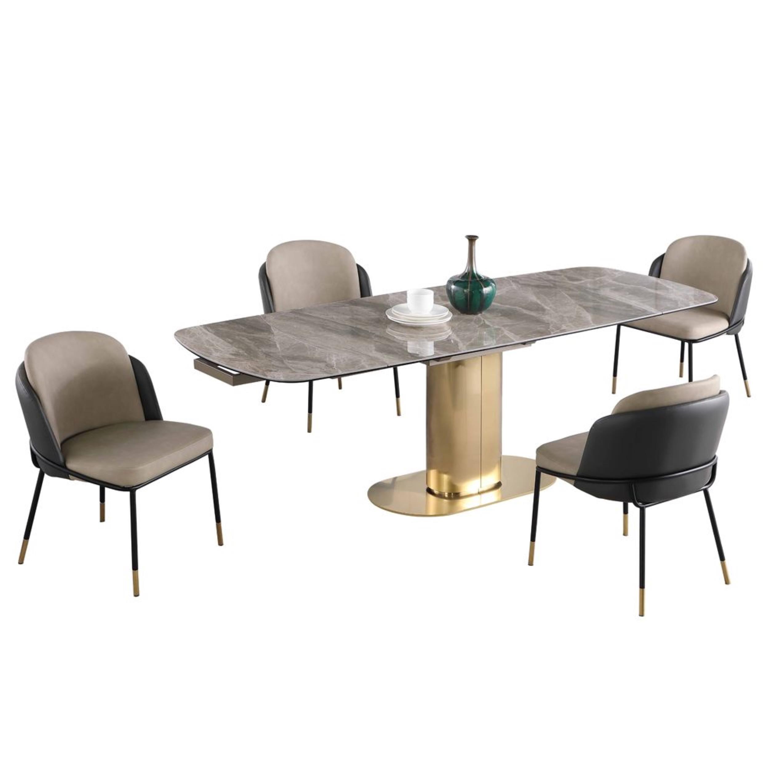 Dining Set w/ Extendable Marbleized Ceramic Table & 2Tone Chairs w/ Golden Accents