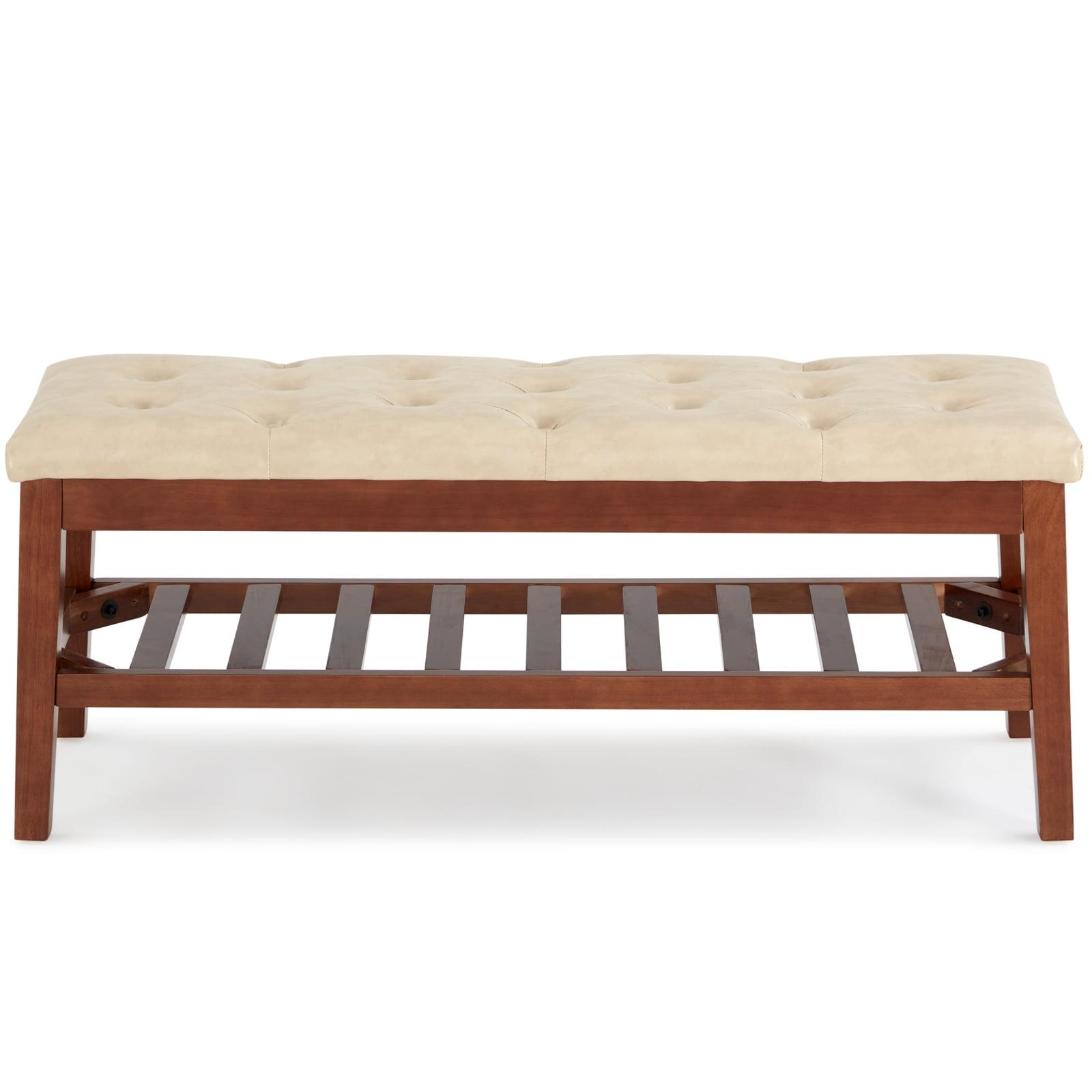 Ivory Faux Leather Upholstered Bench with Oak Frame and Storage Shelf