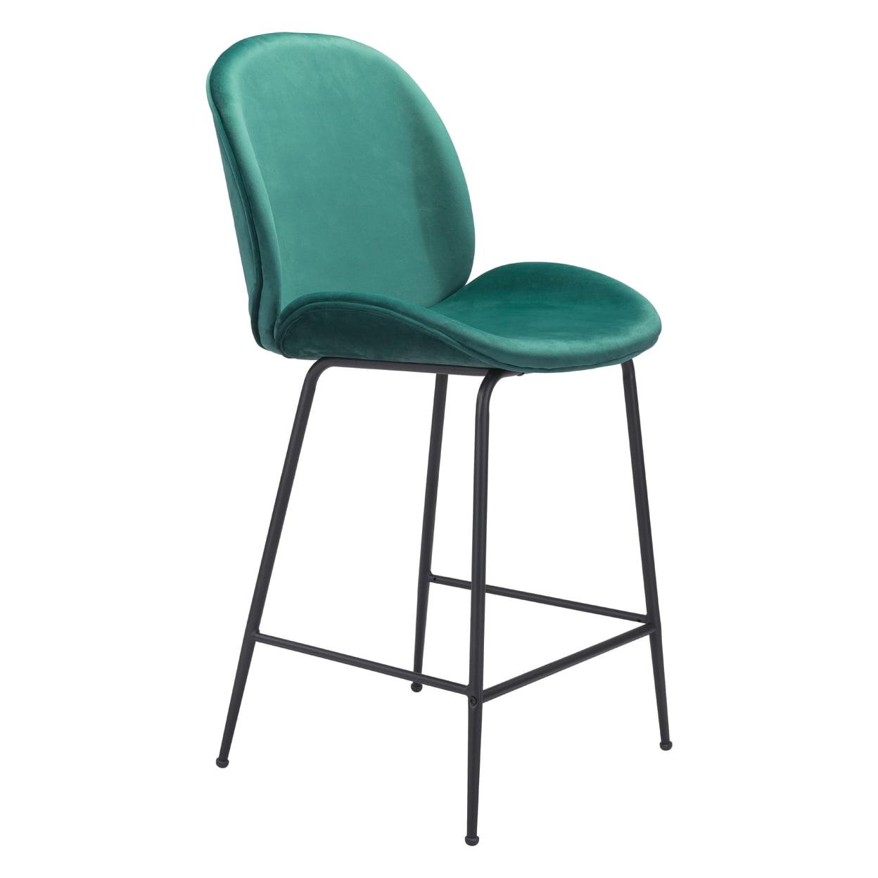 Contemporary Green Velvet Counter Stool with Matte Black Steel Frame