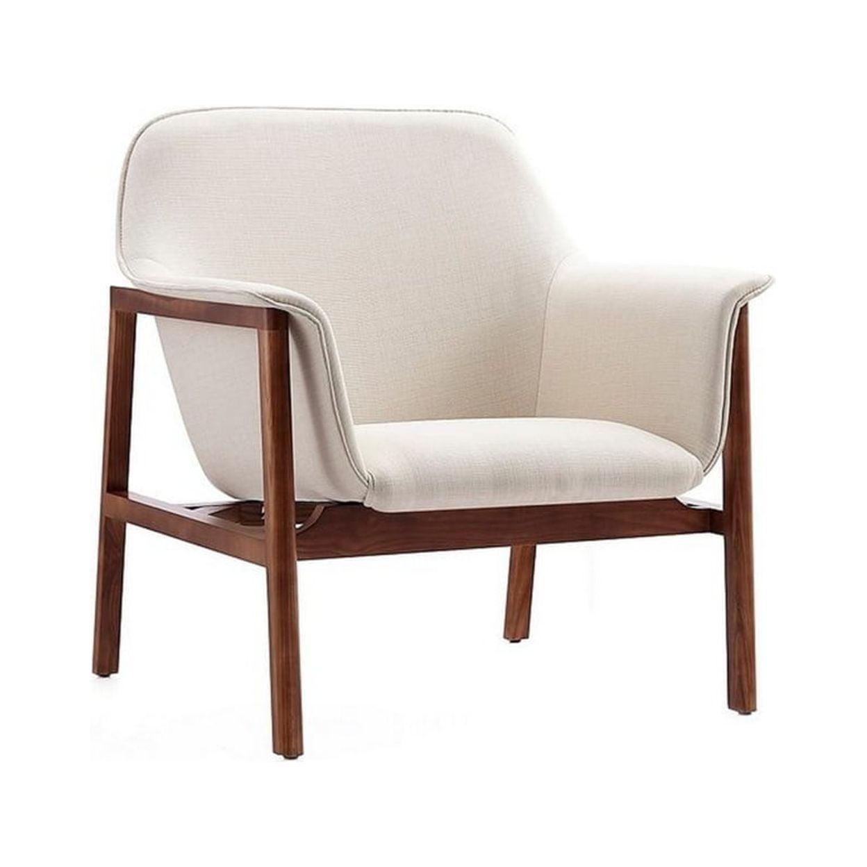 Mid-Century Cream Linen and Walnut Wood Accent Chair