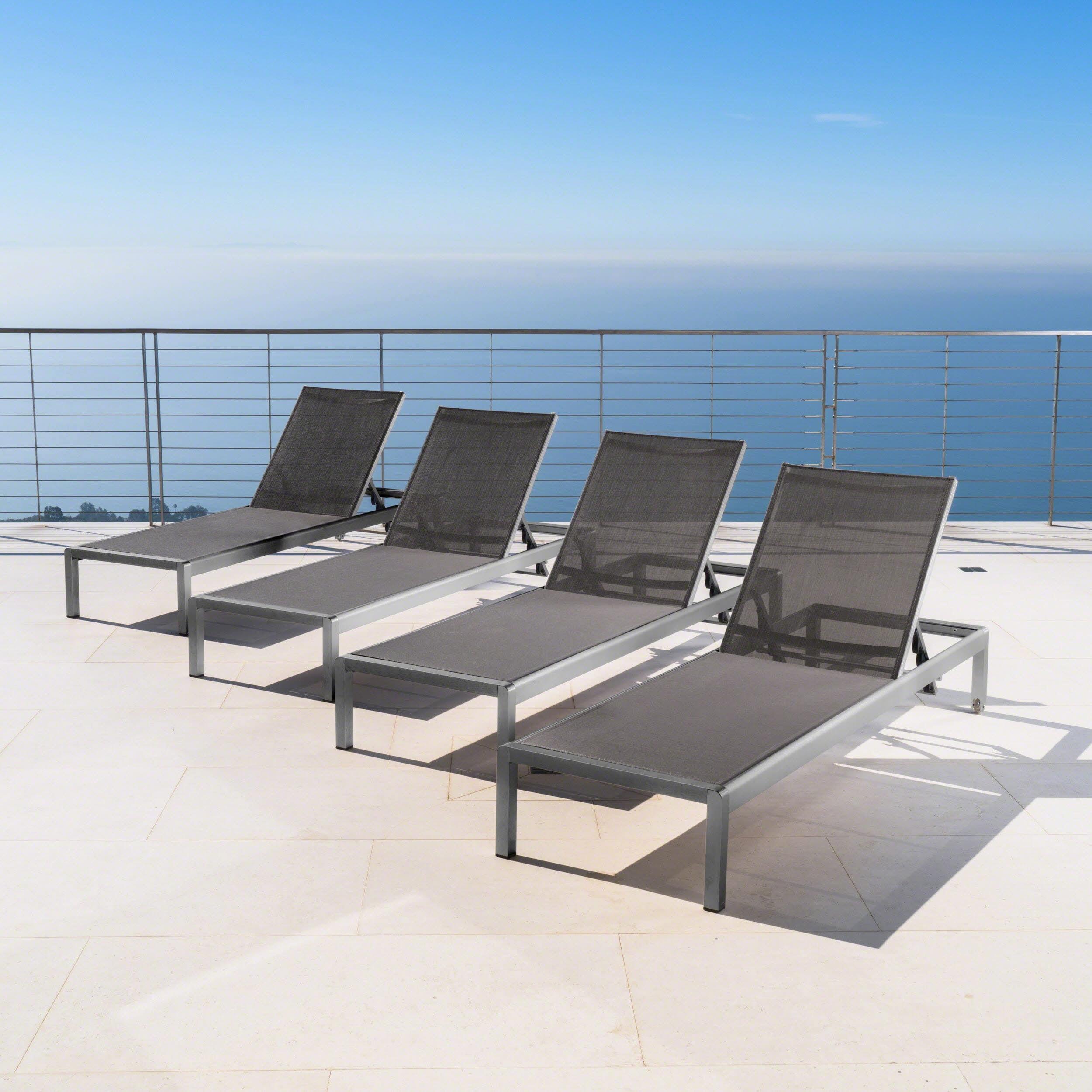 Miller Outdoor Aluminum Chaise Lounge with Dark Grey Mesh Seat, Set of 4, Grey