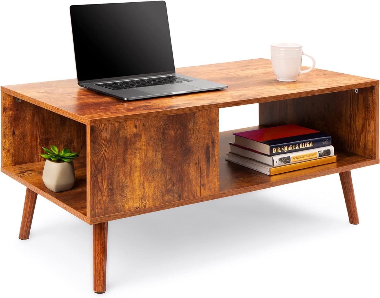 Mid-Century Modern Brown Wood Coffee Table with Storage Shelf