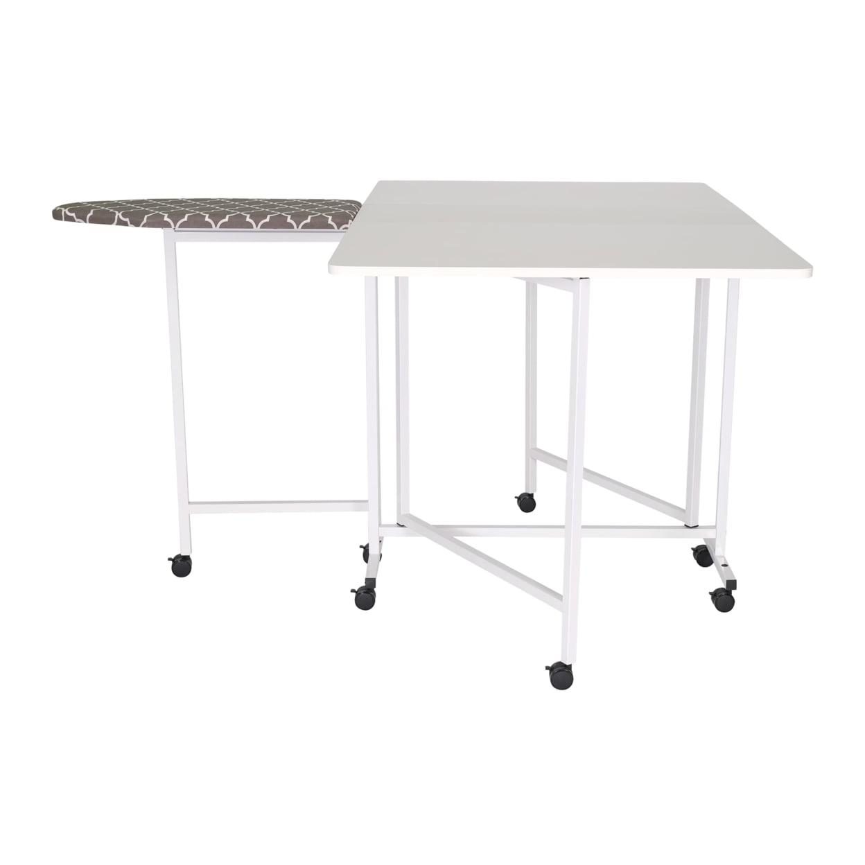 Modern White Metal 63''x59'' Cutting & Ironing Table with Casters