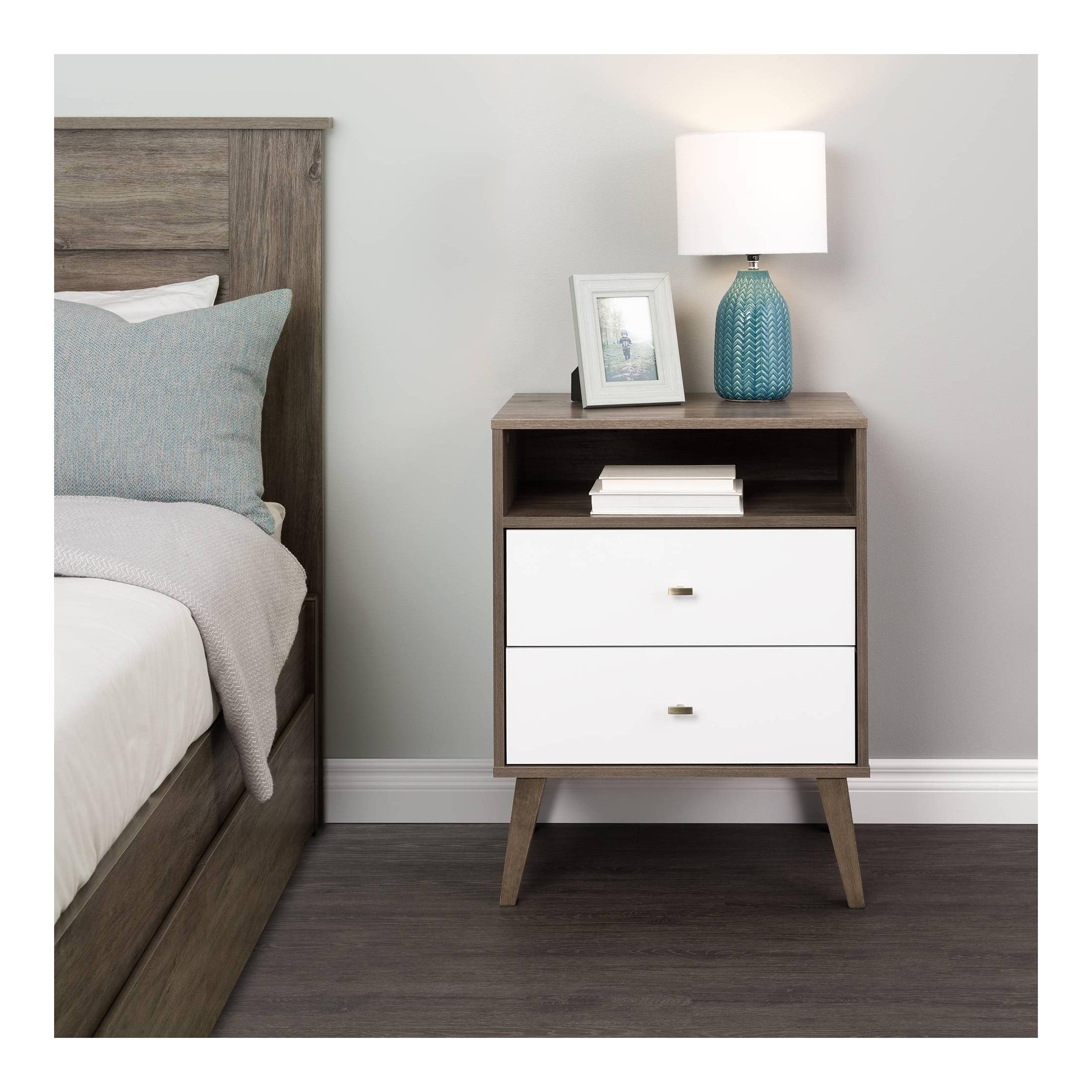 Mid-Century Modern Drifted Gray and White 2-Drawer Nightstand with Shelf