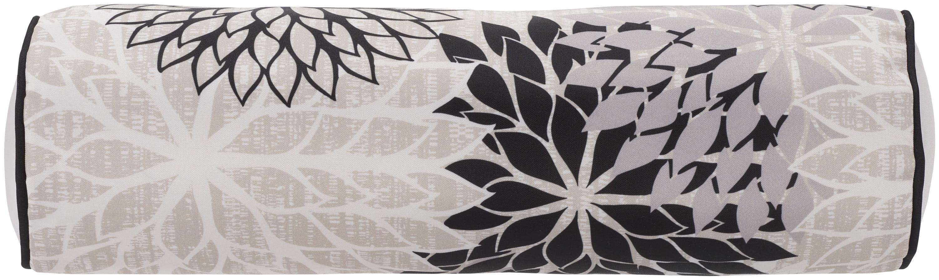 Mina Victory Aloha Floral Tropical Outdoor Throw Pillow Black White 6" x 20"