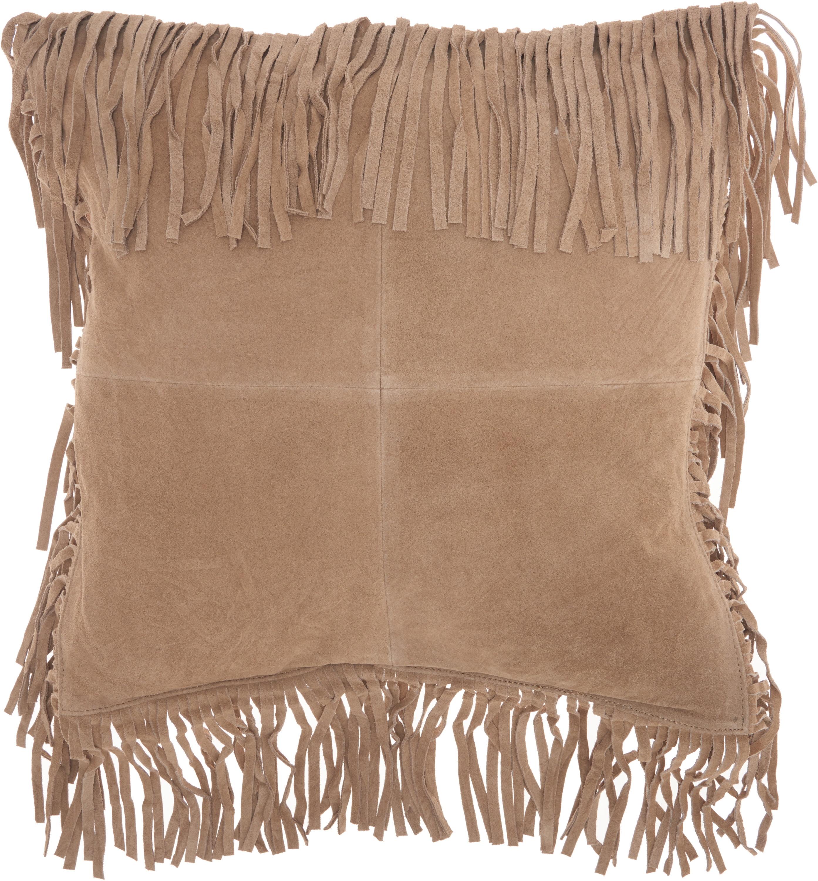 Beige Genuine Leather Fringe Throw Pillow 18" x 18"