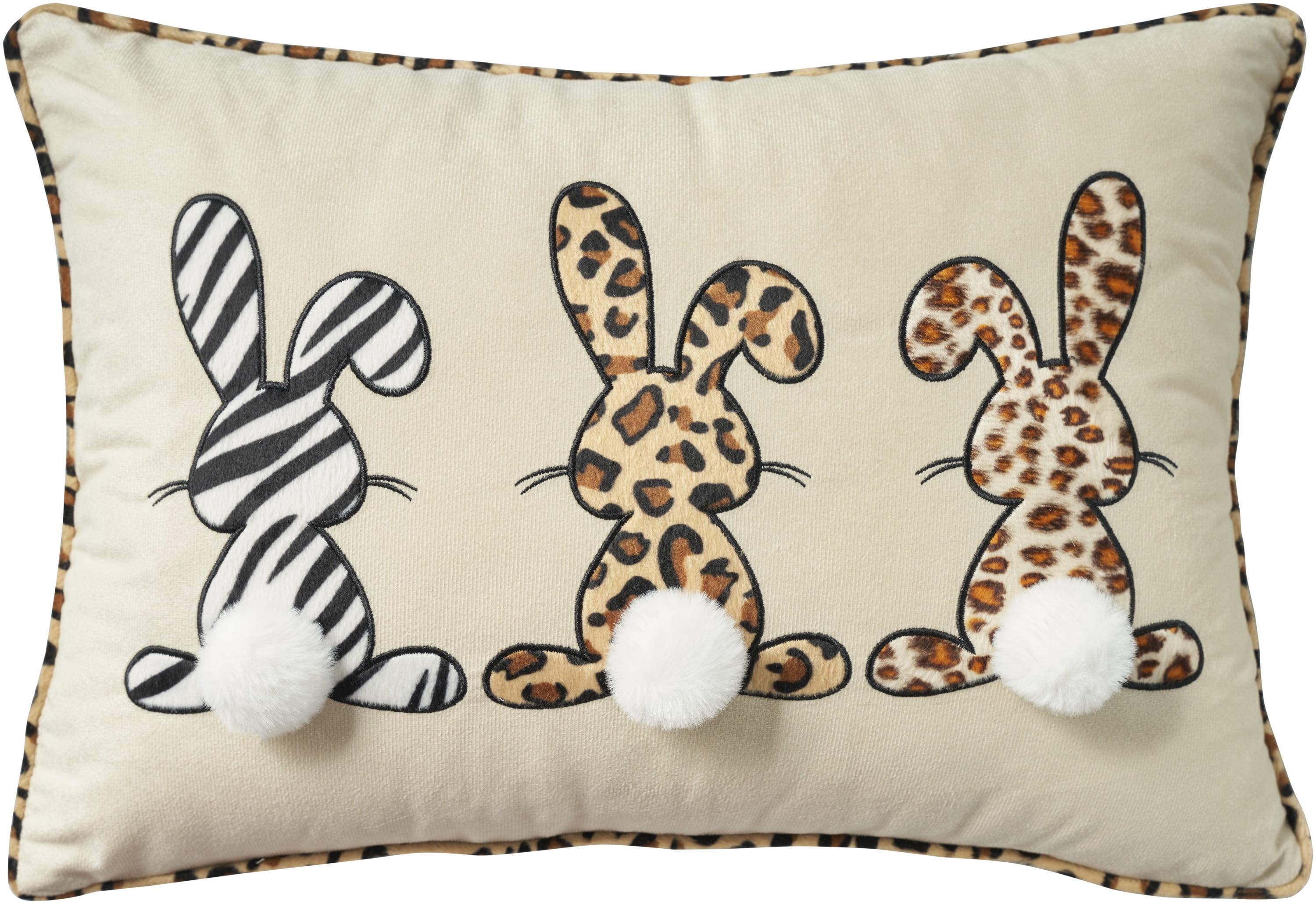 Beige Rectangular Easter Pillow with Applique Bunnies and Pom Pom Tails