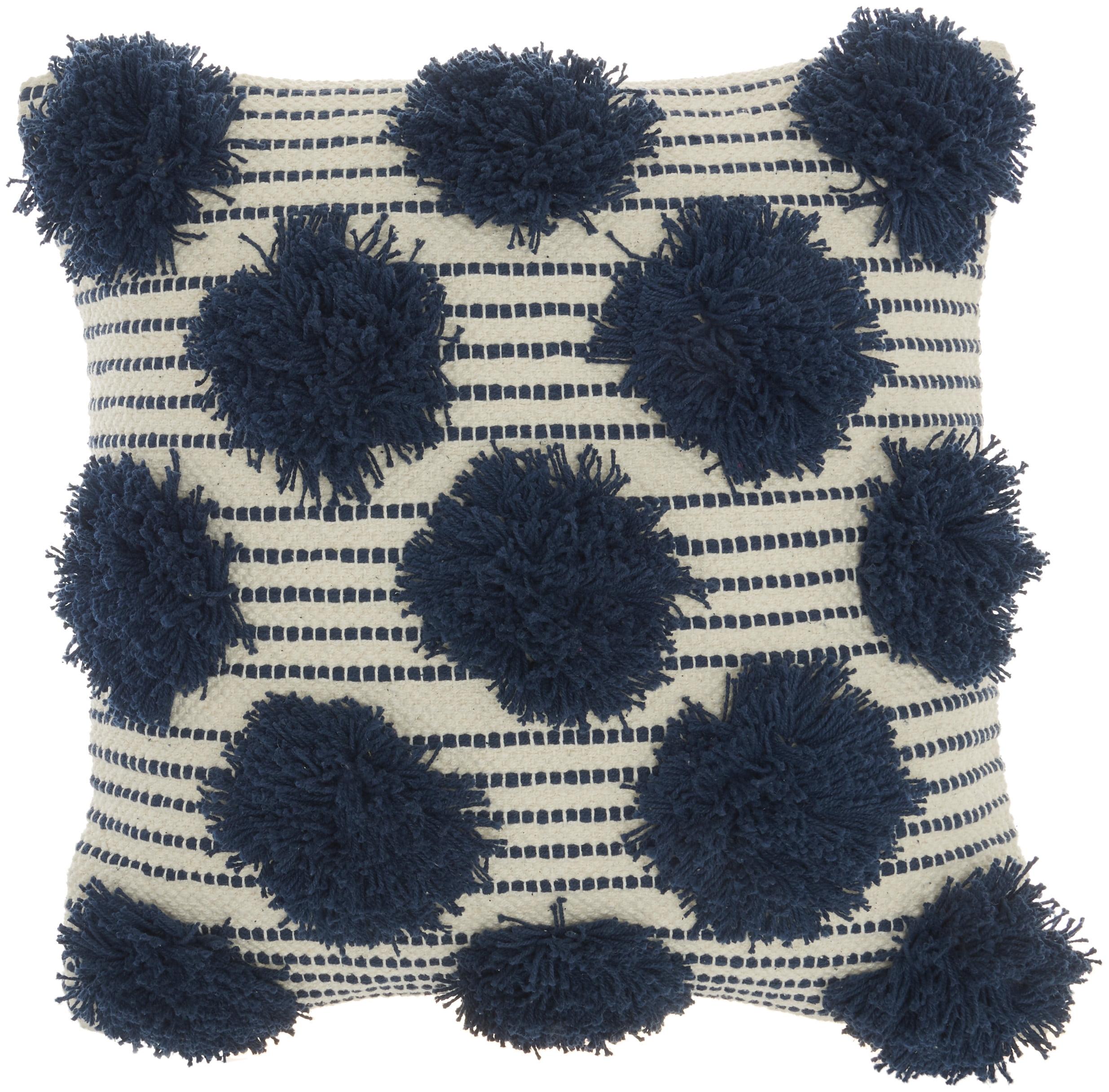 Navy and Ivory Cotton Tufted Pom Pom Throw Pillow 18" x 18"